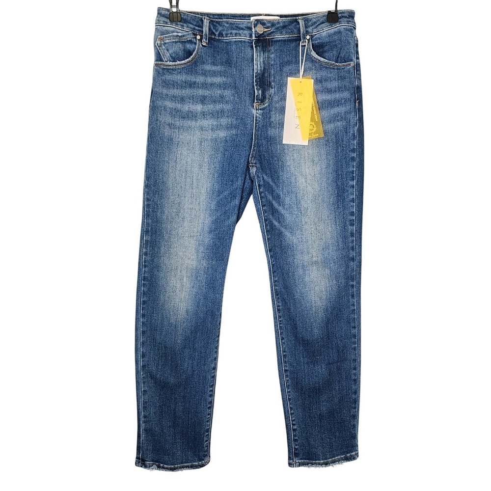 Risen Jeans Straight Leg Women 15/32 Dark Wash Cropped High Rise Stretch‎ Denim